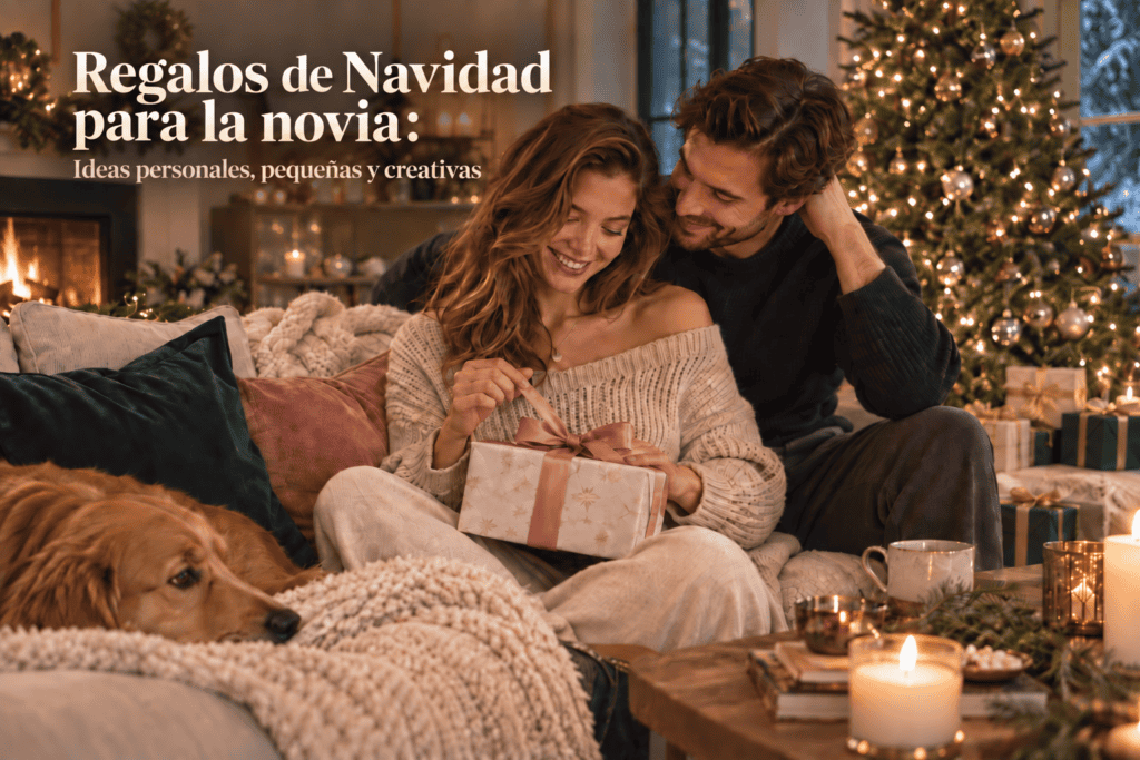 Pareja junto al árbol de Navidad mientras ella abre un regalo, con el texto "Regalos de Navidad para la novia: Ideas personales, pequeñas y creativas".