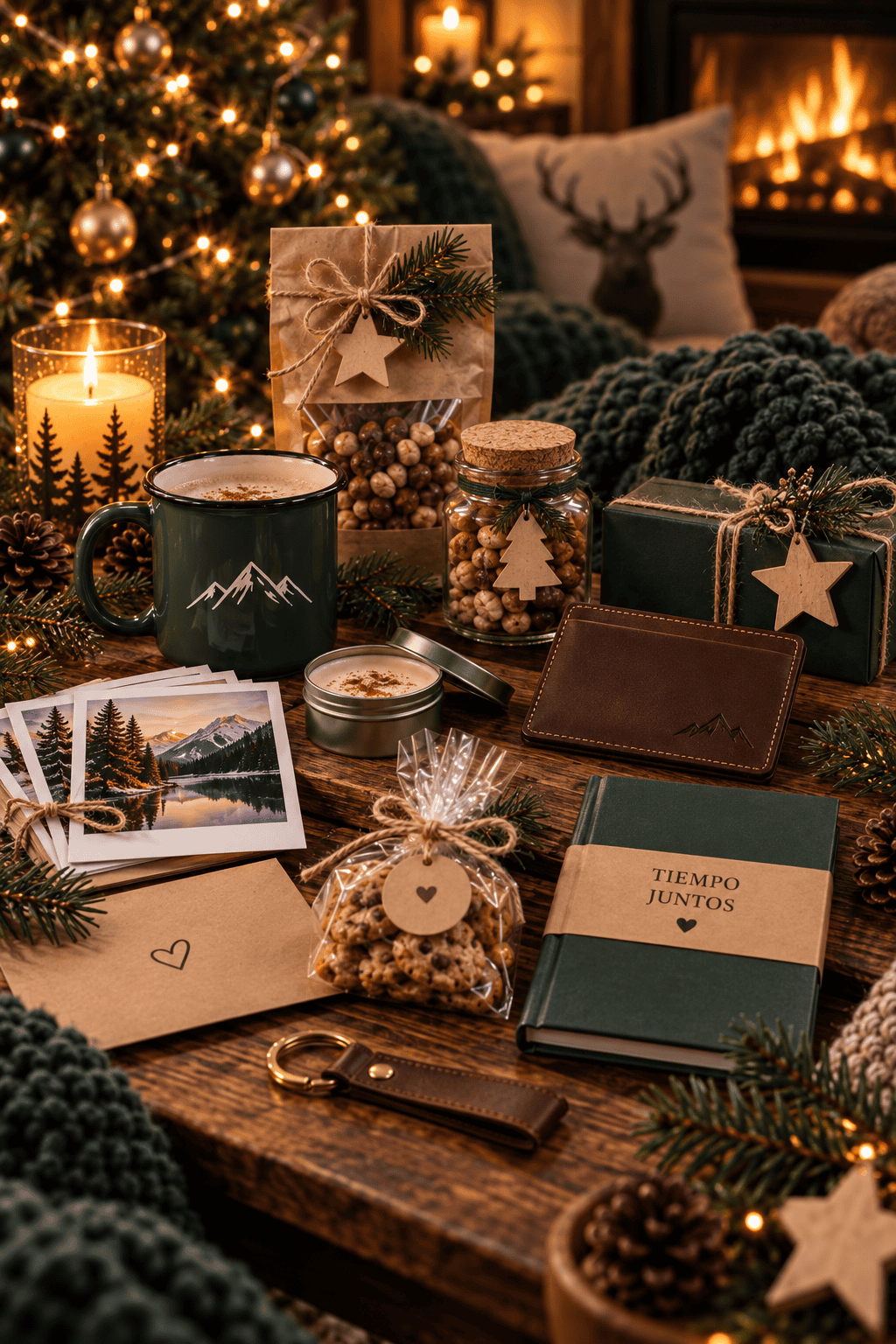Caja de regalo casera con taza, cartera, galletas y libreta "Tiempo Juntos" junto a fotos y una nota escrita a mano