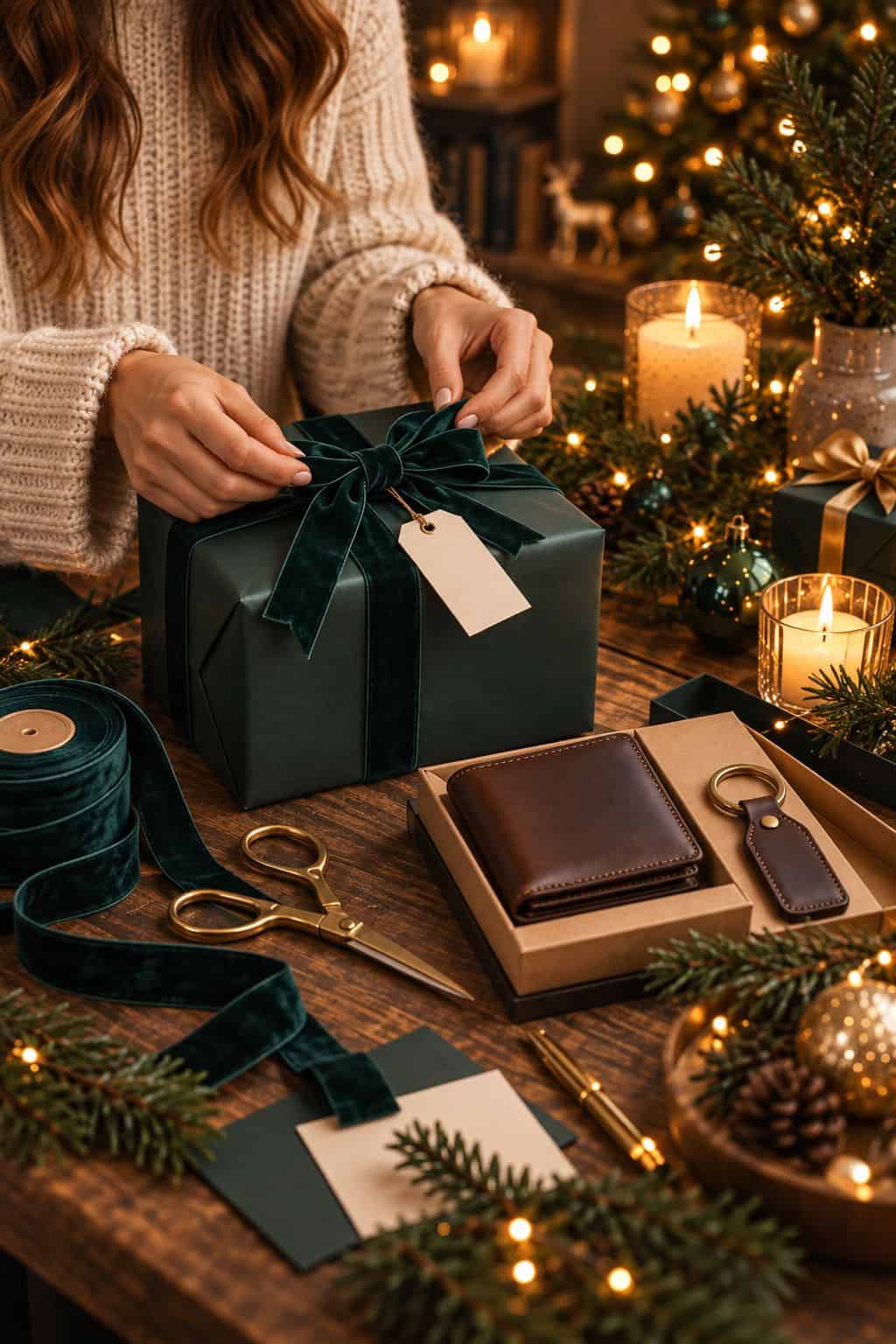 Mujer envolviendo un regalo con lazo de terciopelo verde junto a una cartera y llavero de cuero sobre una mesa navideña