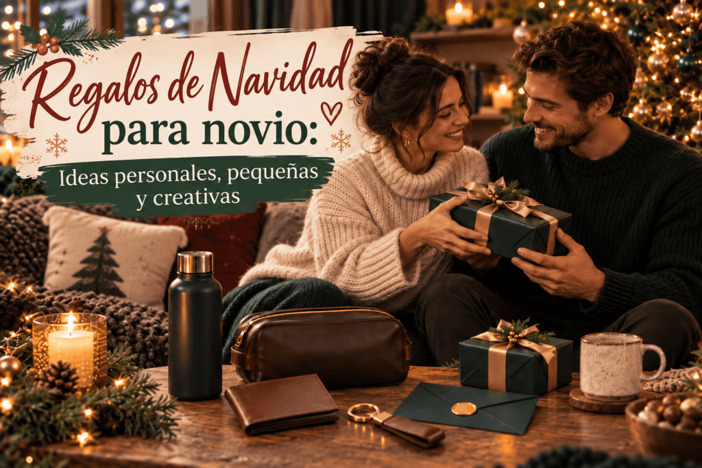 Pareja sonriente intercambiando un regalo de Navidad envuelto en verde y dorado, con una bufanda navideña de fondo