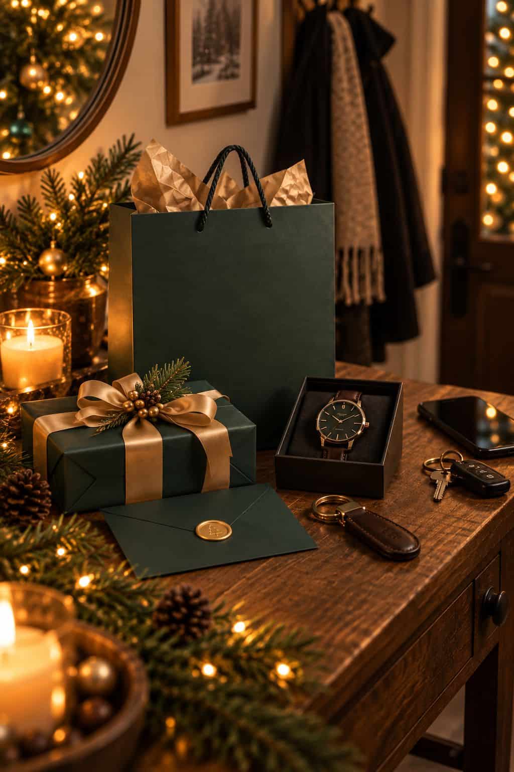 Reloj, llavero de cuero y regalos envueltos en verde y dorado sobre una mesa navideña decorada con velas y ramas de pino