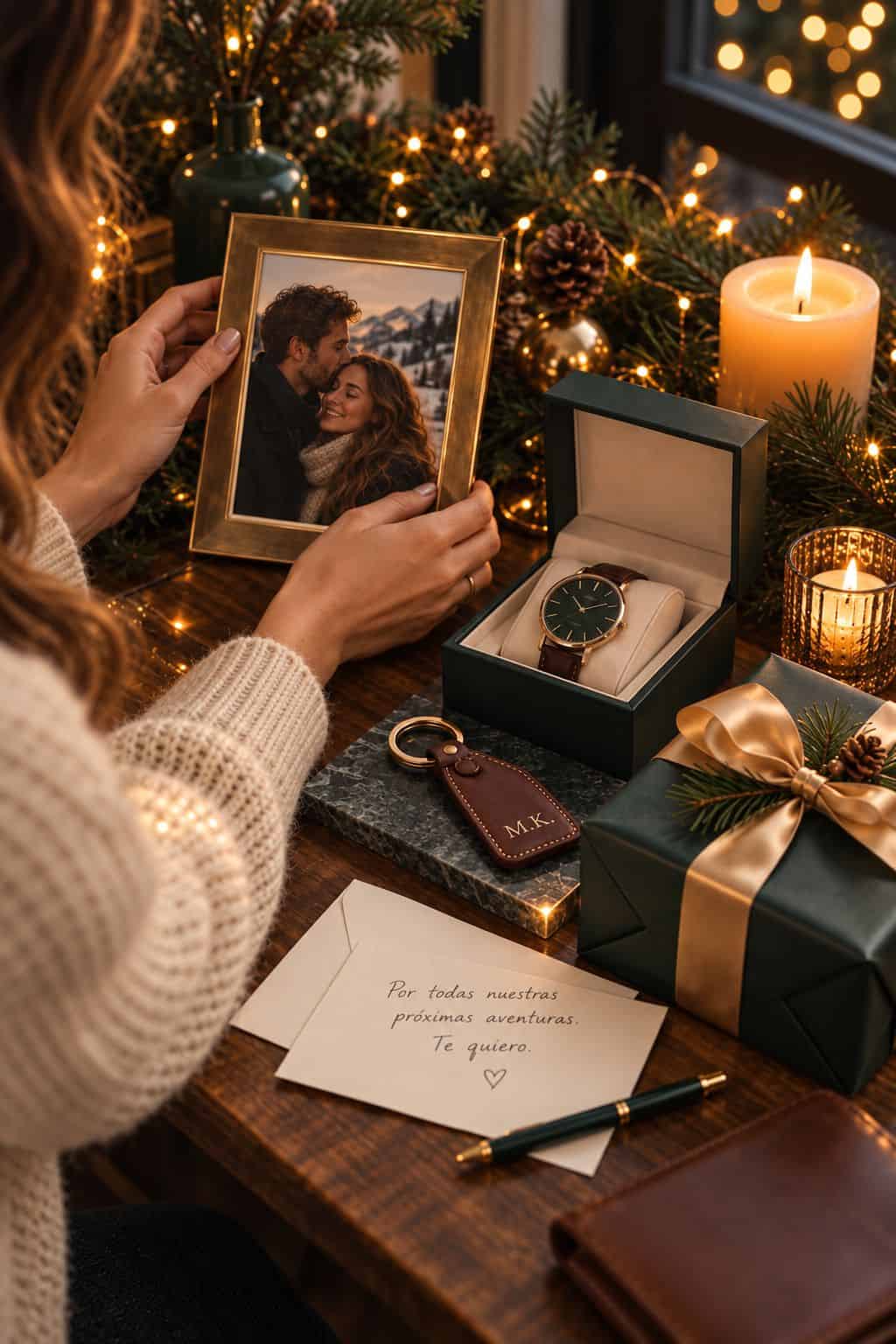 Mujer sosteniendo una foto enmarcada de la pareja junto a un reloj personalizado, llavero con iniciales y una nota escrita a mano
