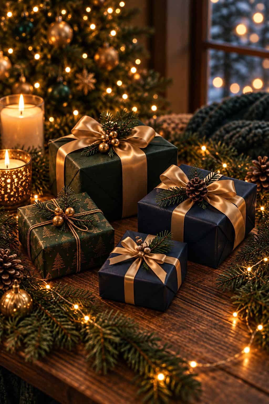 Regalos pequeños envueltos en verde y azul con lazos dorados junto al árbol de Navidad y velas encendidas