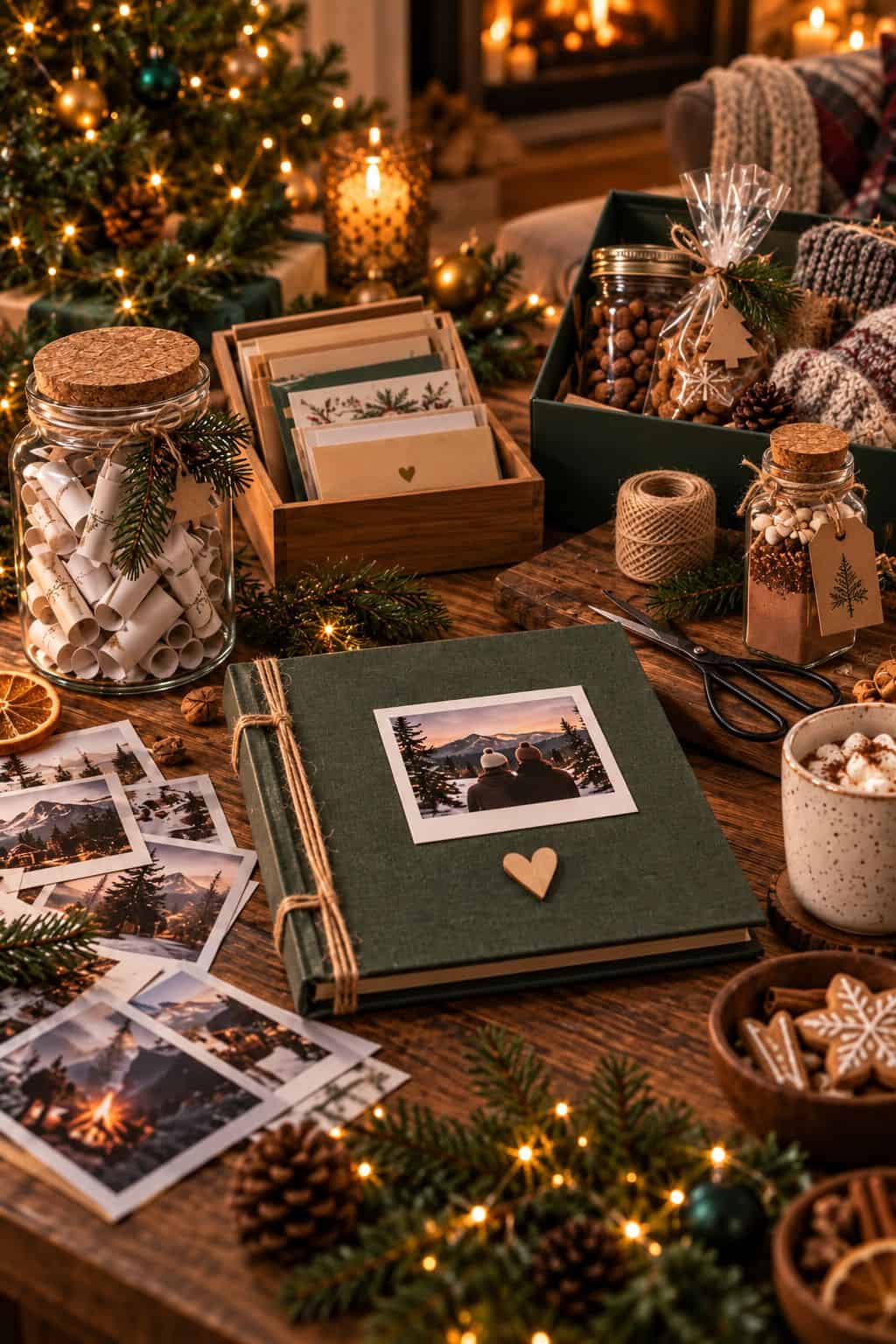Álbum de fotos hecho a mano junto a fotografías de viajes, tarjetas, chocolate caliente y galletas navideñas sobre una mesa decorada