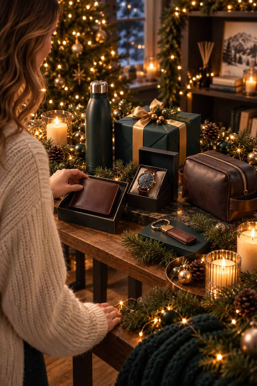 Mujer eligiendo entre una cartera, reloj, botella térmica y neceser de cuero como regalos de Navidad para su novio