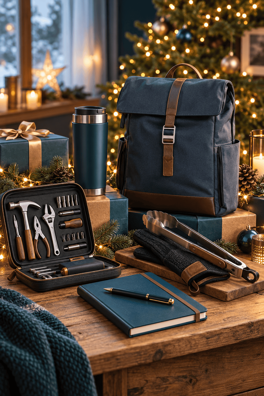 Regalos prácticos de Navidad para hombre sobre una mesa de madera, con un set de herramientas abierto, un termo térmico, una mochila azul con detalles de cuero, pinzas para BBQ con guante resistente al calor, una libreta con bolígrafo y regalos envueltos, junto a un árbol de Navidad decorado y velas encendidas.