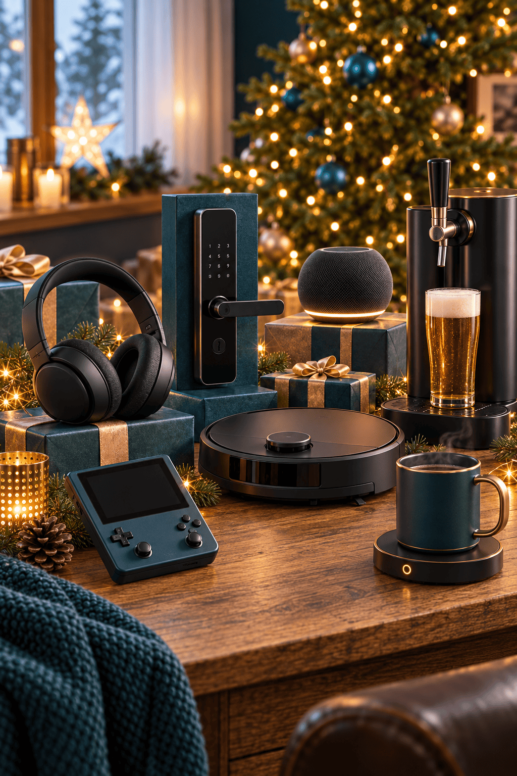 Regalos tecnológicos de Navidad para hombre sobre una mesa de madera, con audífonos inalámbricos negros, una cerradura inteligente, un altavoz inteligente, una máquina de cerveza con vaso servido, una consola retro portátil, un robot aspirador y un calentador de tazas con café humeante, junto a regalos envueltos y un árbol de Navidad decorado.