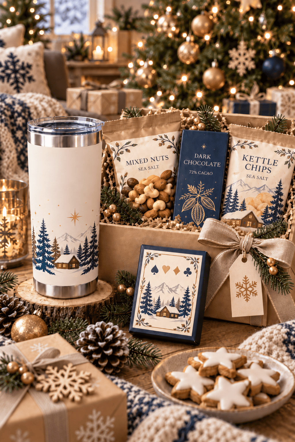 Pequeños regalos de Navidad para amigos con vaso térmico, frutos secos, chocolate, snacks y juego de cartas, presentados en una caja junto a un árbol de Navidad decorado con luces y regalos.