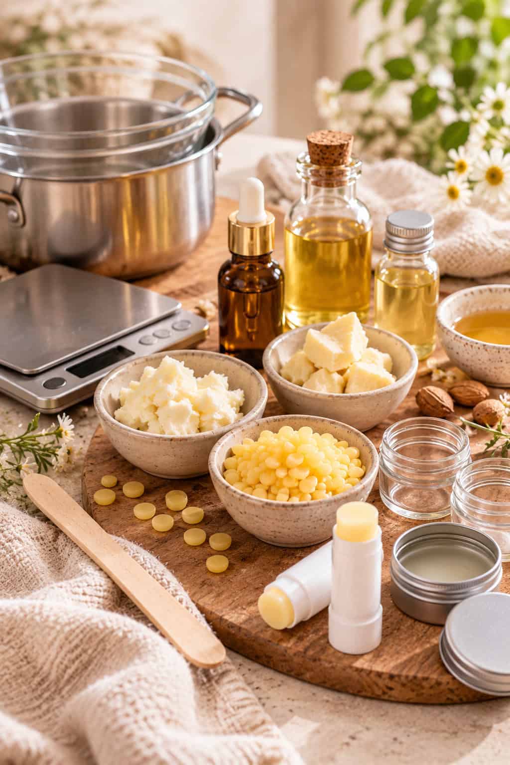 Ingredientes y utensilios para hacer bálsamo labial casero: Cera de abejas en perlas, manteca de karité, manteca de cacao, aceites, baño maría, báscula, frasquitos y barras de labios.