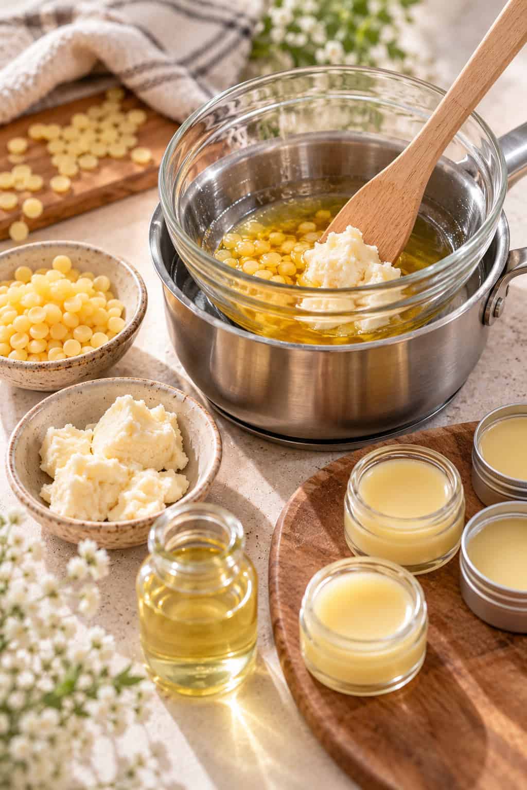 Cera de abejas y manteca de karité derritiéndose al baño maría para un bálsamo labial casero con 3 ingredientes, junto a aceite y frasquitos con el bálsamo terminado.