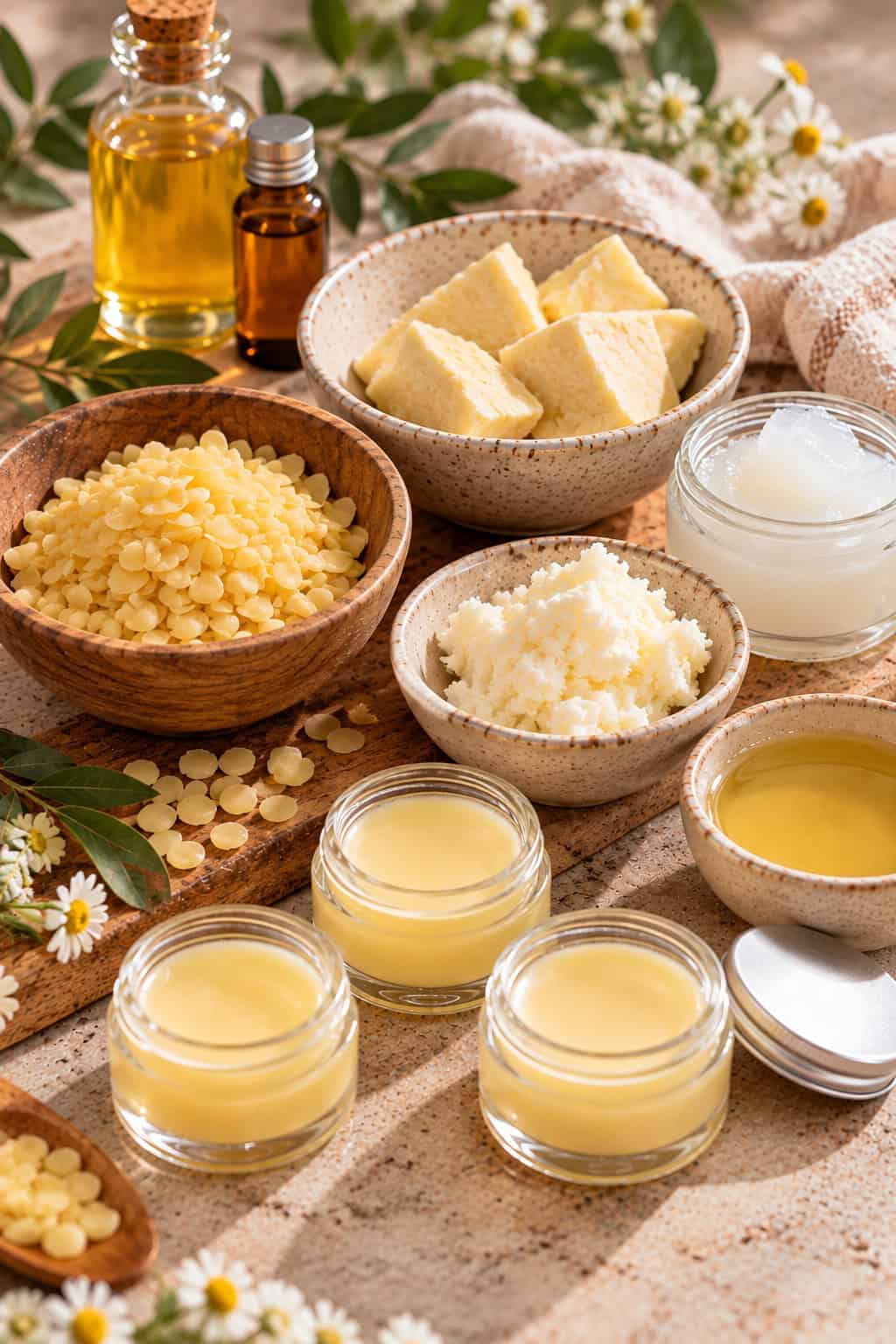 Ingredientes para bálsamo labial sin cera de abejas: Cera vegetal en perlas, manteca de cacao, manteca de karité, vaselina y aceite, junto a frasquitos con el bálsamo terminado.
