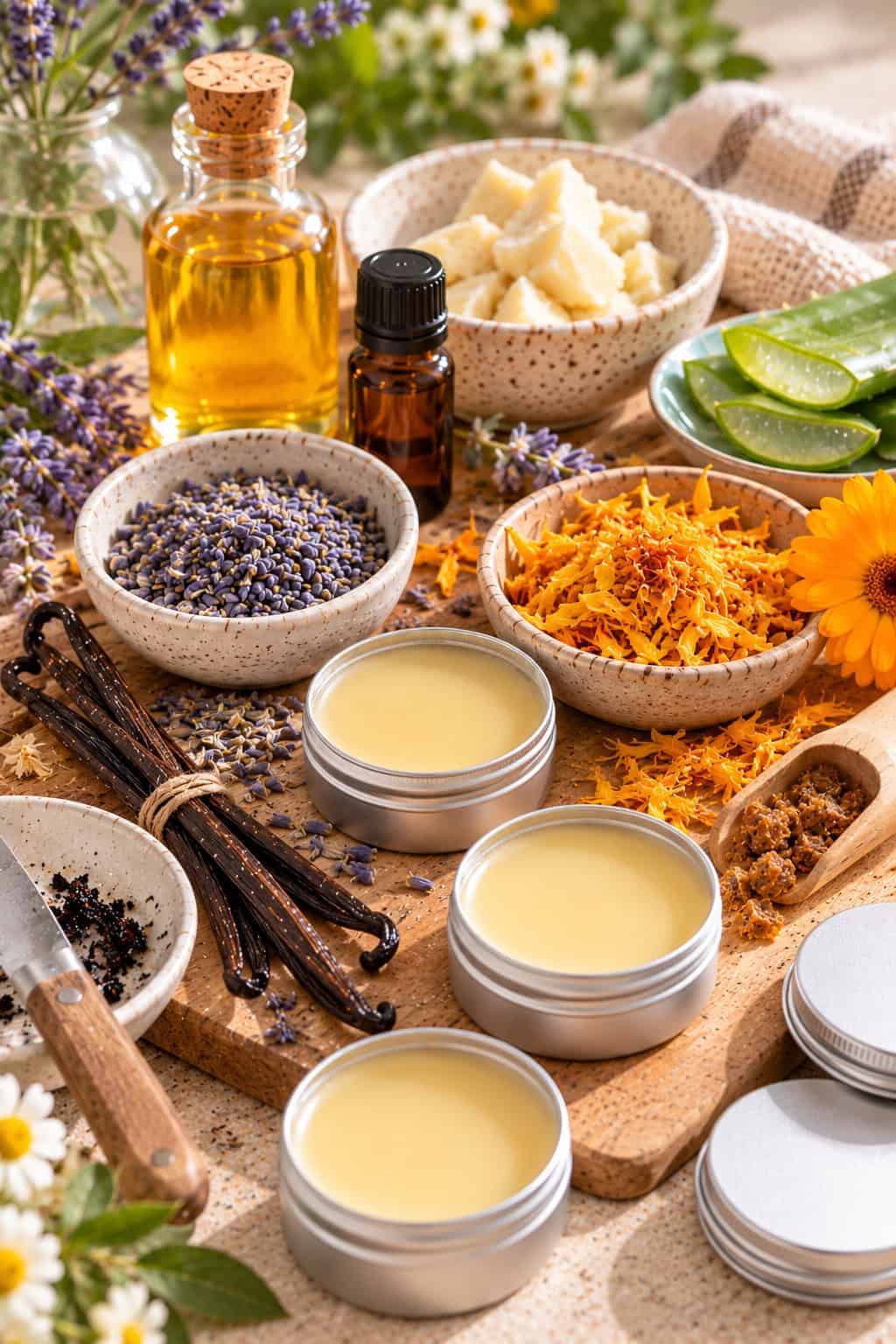 Bálsamo labial casero en latitas junto a vainas de vainilla, flores secas de lavanda, pétalos de caléndula, hojas de aloe vera, propóleo, manteca vegetal y aceite.
