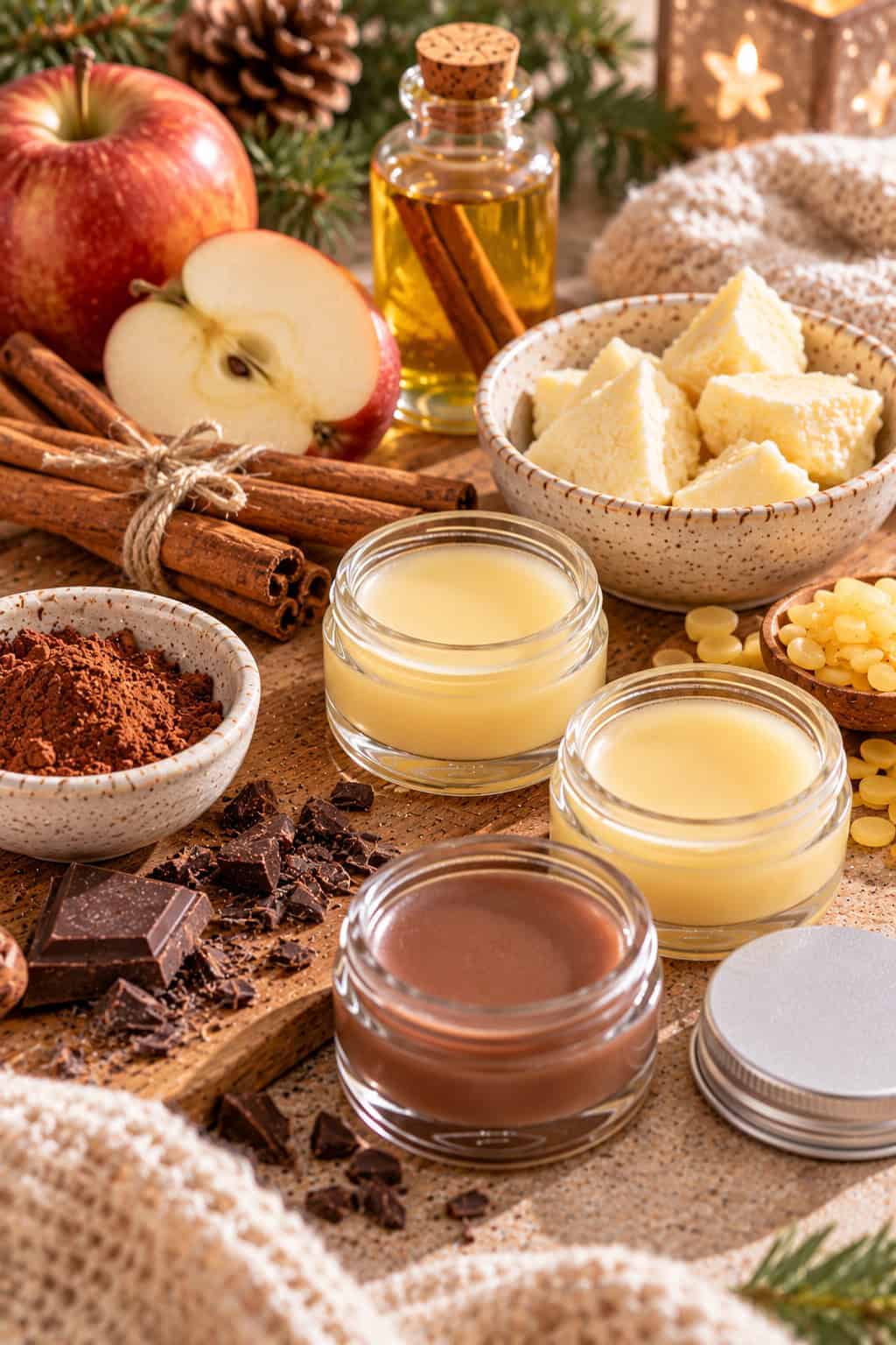 Bálsamo labial casero para el invierno en frasquitos, uno de chocolate y dos claros, junto a manzana, ramas de canela, aceite macerado con canela, manteca de cacao, cacao en polvo y chocolate.