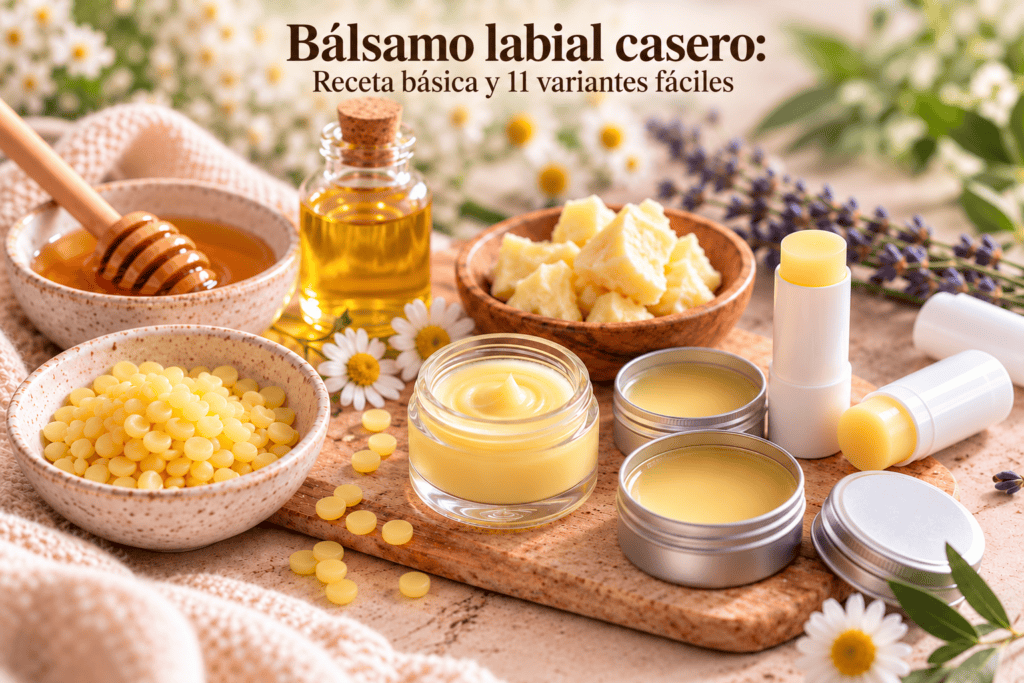 Bálsamo labial en un frasco de vidrio, latitas y tubos blancos, junto a cera de abejas, manteca vegetal, aceite y miel. Arriba aparece el título: «Bálsamo labial casero: Receta básica y 11 variantes fáciles».