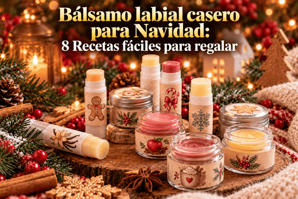 Bálsamos labiales en tubos y tarritos decorados con motivos navideños, entre ramas de pino y luces cálidas, con el título «Bálsamo labial casero para Navidad: 8 Recetas fáciles para regalar».