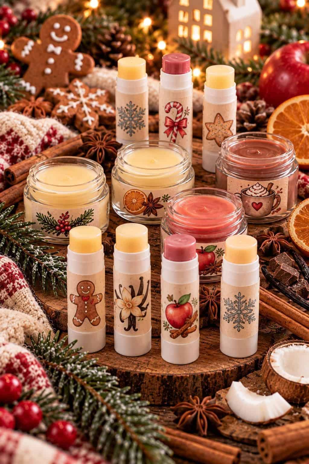 Ocho recetas de bálsamo labial navideño en barras y tarritos con etiquetas de jengibre, vainilla, manzana, naranja y chocolate.