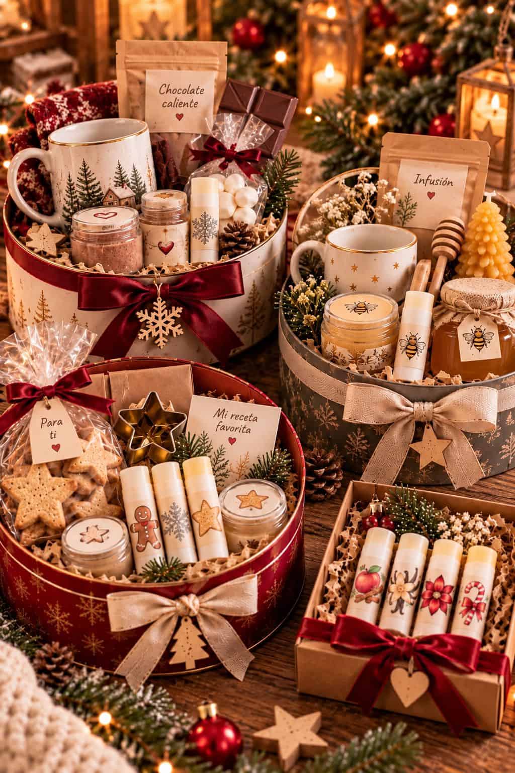Cestas navideñas con bálsamo labial casero: set de chocolate caliente, cesta de miel, trío de galletas y caja con cuatro barras.