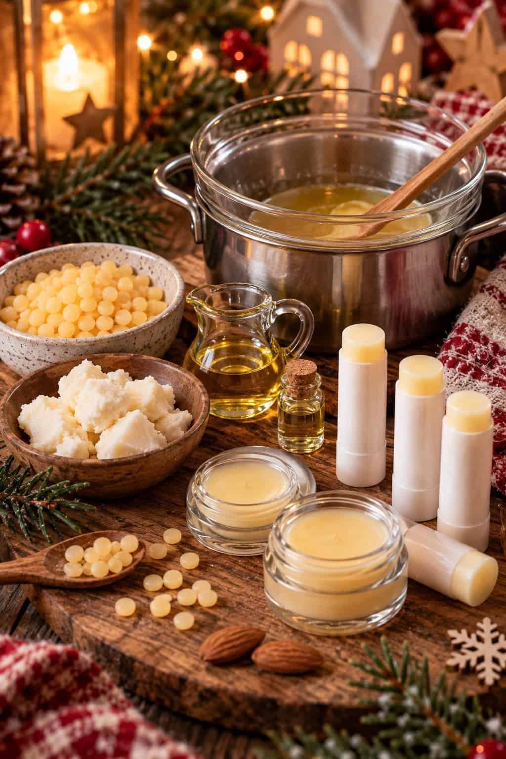 Ingredientes para bálsamo labial casero navideño: cera de abeja, manteca de karité, aceite de almendras, baño María y barras listas.