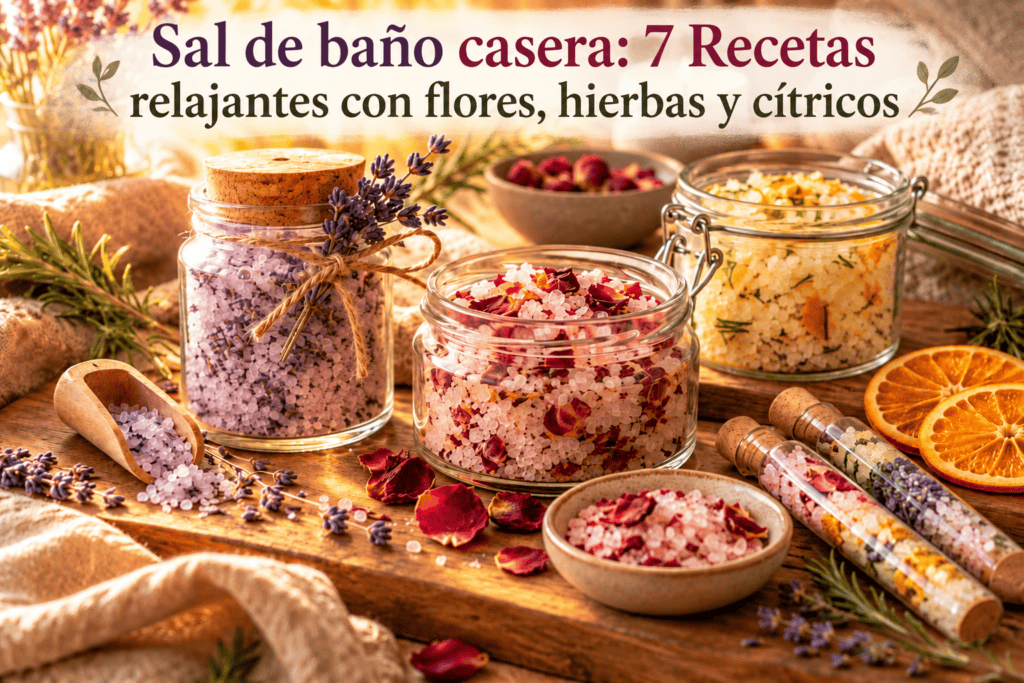 Frascos de sal de baño casera con lavanda, pétalos de rosa y cáscara de naranja sobre una mesa de madera, junto a tubos de vidrio con sales de colores y rodajas de naranja seca.