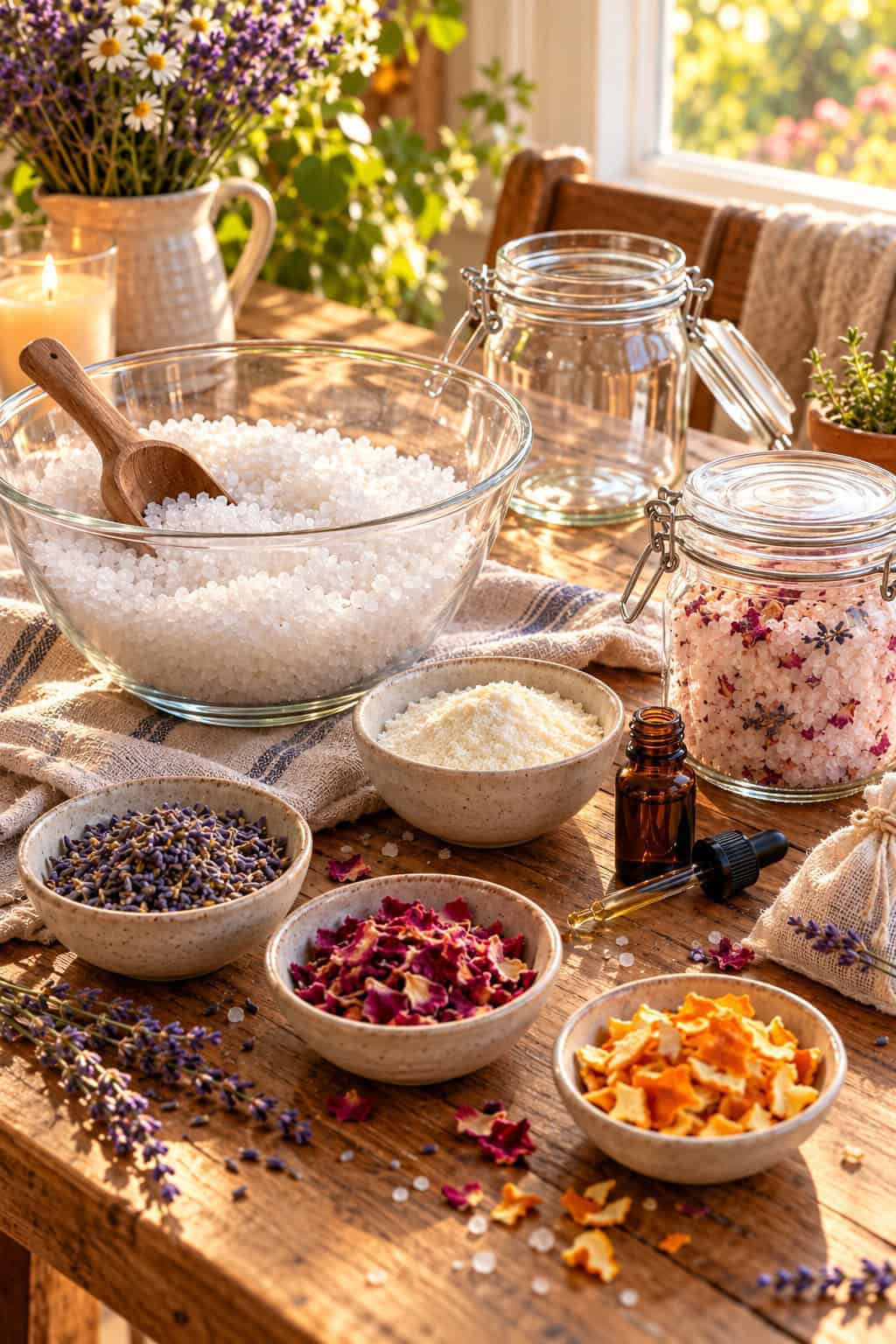 Ingredientes para hacer sal de baño casera sobre una mesa de madera: un bol de sal marina gruesa, leche en polvo, aceite esencial, lavanda seca, pétalos de rosa, cáscara de naranja seca y frascos de vidrio con cierre hermético.