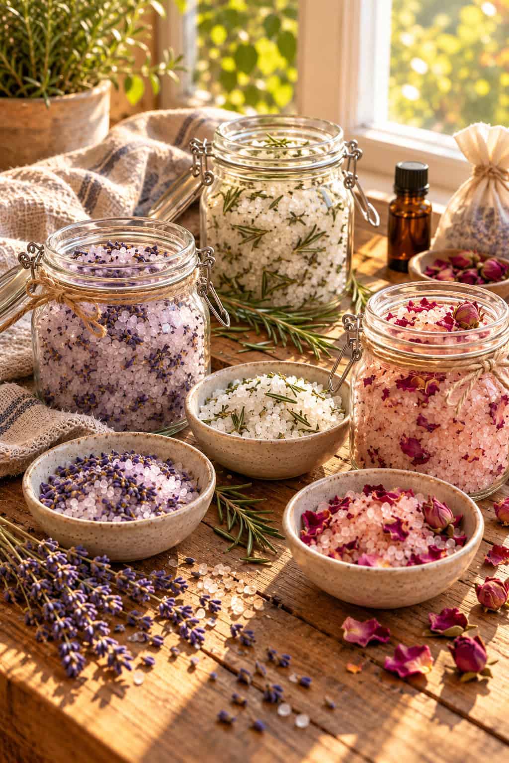 Tres frascos de sal de baño casera de lavanda, romero y rosas sobre una mesa de madera, con cuencos de sal, ramitas de lavanda, romero fresco y capullos de rosa secos.